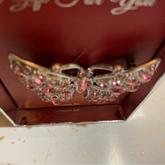 Silver Toned Pink Rhinestone Butterfly Pin. About 2” wide and 1 1/2” tall. - Picture 3 of 6